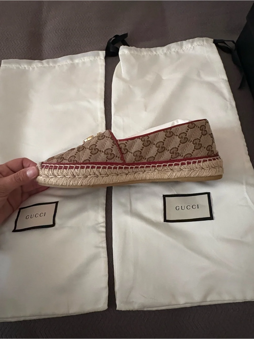 Gucci Beige Monogram Espadrilles with Red Trim and Gold GG
